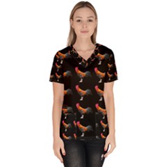 Background Pattern Chicken Fowl Cockerel Livestock Women s V-neck Scrub Top by Ravend