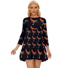 Background Pattern Chicken Fowl Cockerel Livestock Long Sleeve Babydoll Dress by Ravend