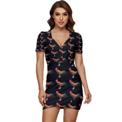 Background Pattern Chicken Fowl Cockerel Livestock Low Cut Cap Sleeve Mini Dress