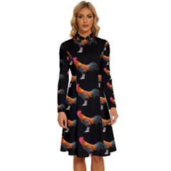 Background Pattern Chicken Fowl Cockerel Livestock Long Sleeve Shirt Collar A-line Dress by Ravend