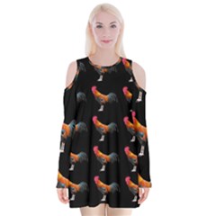 Background Pattern Chicken Fowl Cockerel Livestock Velvet Long Sleeve Shoulder Cutout Dress by Ravend