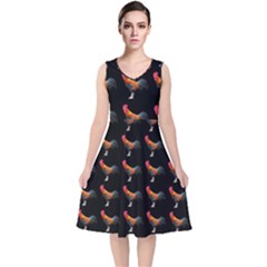 Background Pattern Chicken Fowl Cockerel Livestock V-neck Midi Sleeveless Dress  by Ravend