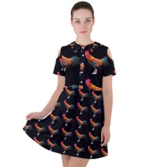 Background Pattern Chicken Fowl Cockerel Livestock Short Sleeve Shoulder Cut Out Dress  by Ravend