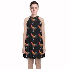 Background Pattern Chicken Fowl Cockerel Livestock Velvet Halter Neckline Dress  by Ravend