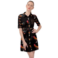 Background Pattern Chicken Fowl Cockerel Livestock Belted Shirt Dress by Ravend