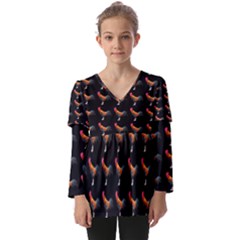 Background Pattern Chicken Fowl Cockerel Livestock Kids  V Neck Casual Top by Ravend