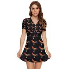 Background Pattern Chicken Fowl Cockerel Livestock V-neck High Waist Chiffon Mini Dress