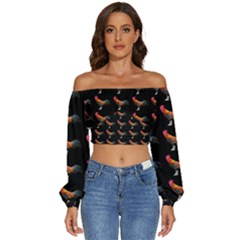 Background Pattern Chicken Fowl Cockerel Livestock Long Sleeve Crinkled Weave Crop Top