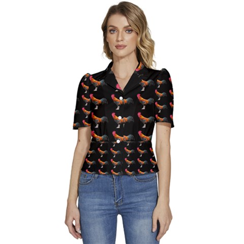 Background Pattern Chicken Fowl Cockerel Livestock Puffed Short Sleeve Button Up Jacket by Ravend