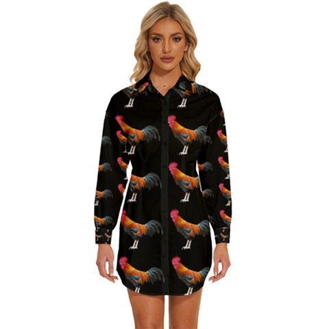 Background Pattern Chicken Fowl Cockerel Livestock Womens Long Sleeve Shirt Dress by Ravend