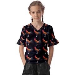 Background Pattern Chicken Fowl Cockerel Livestock Kids  V-neck Horn Sleeve Blouse by Ravend