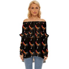 Background Pattern Chicken Fowl Cockerel Livestock Off Shoulder Chiffon Pocket Shirt