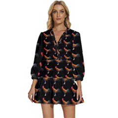 Background Pattern Chicken Fowl Cockerel Livestock V-neck Placket Mini Dress