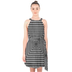 Focus Squares Optical Illusion Background Pattern Halter Collar Waist Tie Chiffon Dress by Ravend