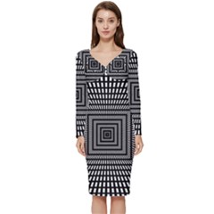 Focus Squares Optical Illusion Background Pattern Long Sleeve V-neck Bodycon Dress  by Ravend