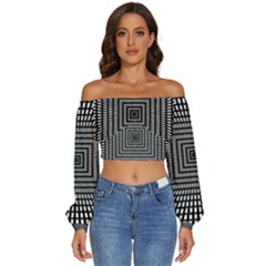 Focus Squares Optical Illusion Background Pattern Long Sleeve Crinkled Weave Crop Top