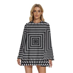 Focus Squares Optical Illusion Background Pattern Round Neck Long Sleeve Bohemian Style Chiffon Mini Dress