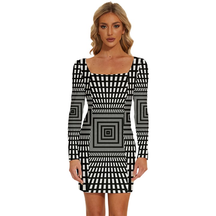 Focus Squares Optical Illusion Background Pattern Long Sleeve Square Neck Bodycon Velvet Dress