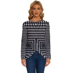 Focus Squares Optical Illusion Background Pattern Long Sleeve Crew Neck Pullover Top