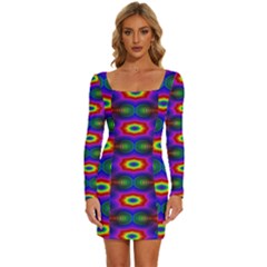 Colorfull Wallpaper Long Sleeve Square Neck Bodycon Velvet Dress