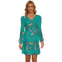 Dock Long Sleeve Waist Tie Ruffle Velvet Dress