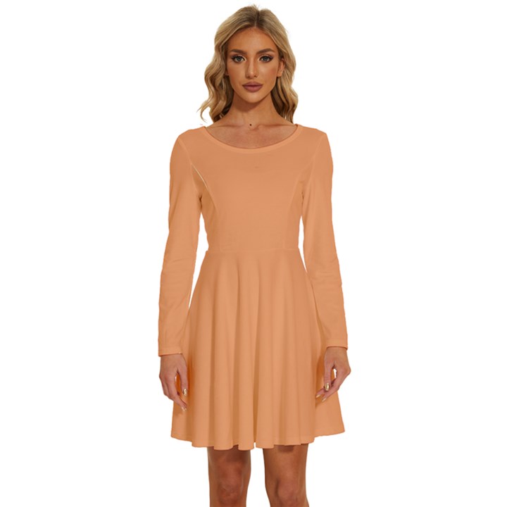 Cantaloupe Orange	 - 	Long Sleeve Wide Neck Velvet Dress