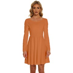 Coral Rose Orange	 - 	long Sleeve Wide Neck Velvet Dress