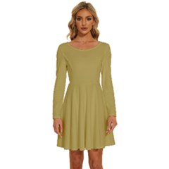 Greenish Hazelnut	 - 	long Sleeve Wide Neck Velvet Dress