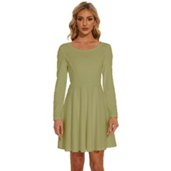 Khaki	 - 	long Sleeve Wide Neck Velvet Dress