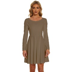 Otter Brown	 - 	long Sleeve Wide Neck Velvet Dress