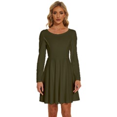 Dark Olive Drab	 - 	long Sleeve Wide Neck Velvet Dress