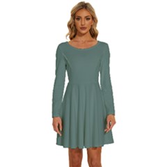 Greyish Turquoise	 - 	long Sleeve Wide Neck Velvet Dress