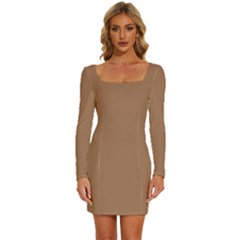 Cafe Au Lait Brown	 - 	long Sleeve Square Neck Bodycon Velvet Dress