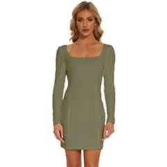 Army Brown	 - 	long Sleeve Square Neck Bodycon Velvet Dress by ColorfulDresses