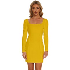 Golden Poppy Yellow	 - 	long Sleeve Square Neck Bodycon Velvet Dress