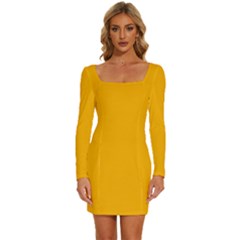 China Yellow	 - 	long Sleeve Square Neck Bodycon Velvet Dress