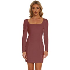 Cordovan Brown	 - 	long Sleeve Square Neck Bodycon Velvet Dress