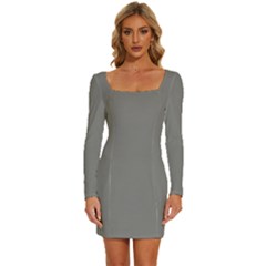 Just Grey	 - 	long Sleeve Square Neck Bodycon Velvet Dress