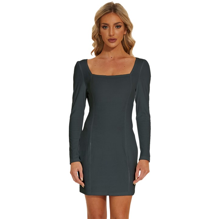 Gunmetal Grey	 - 	Long Sleeve Square Neck Bodycon Velvet Dress