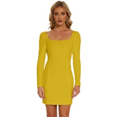 Golden Yellow	 - 	long Sleeve Square Neck Bodycon Velvet Dress