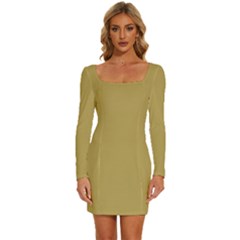 Greenish Hazelnut	 - 	long Sleeve Square Neck Bodycon Velvet Dress