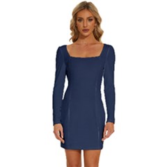 Space Cadet Blue	 - 	long Sleeve Square Neck Bodycon Velvet Dress by ColorfulDresses