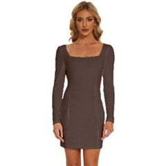 Granite Brown	 - 	long Sleeve Square Neck Bodycon Velvet Dress