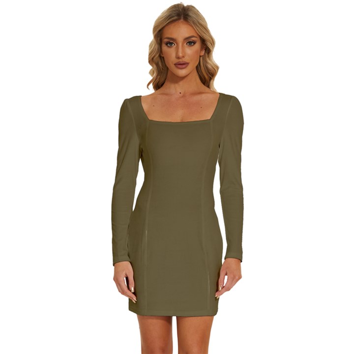 Martini Olive Brown	 - 	Long Sleeve Square Neck Bodycon Velvet Dress