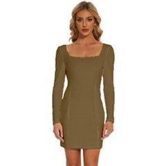 Peanut Brown	 - 	long Sleeve Square Neck Bodycon Velvet Dress