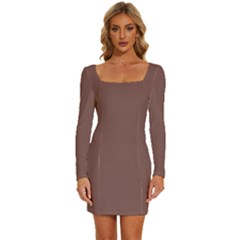 Puce Brown	 - 	long Sleeve Square Neck Bodycon Velvet Dress