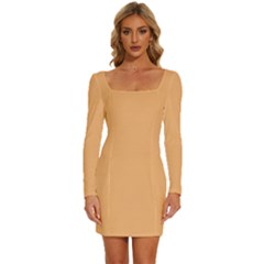 Mellow Apricot Orange	 - 	long Sleeve Square Neck Bodycon Velvet Dress