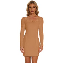 Raw Sienna Orange	 - 	long Sleeve Square Neck Bodycon Velvet Dress