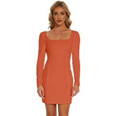 Shocking Orange	 - 	long Sleeve Square Neck Bodycon Velvet Dress