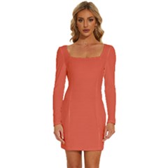 Fire Opal Red	 - 	long Sleeve Square Neck Bodycon Velvet Dress